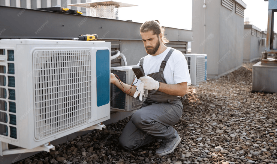 HVAC technician performing heat pump installation or repair in a Chicago home for efficient cooling