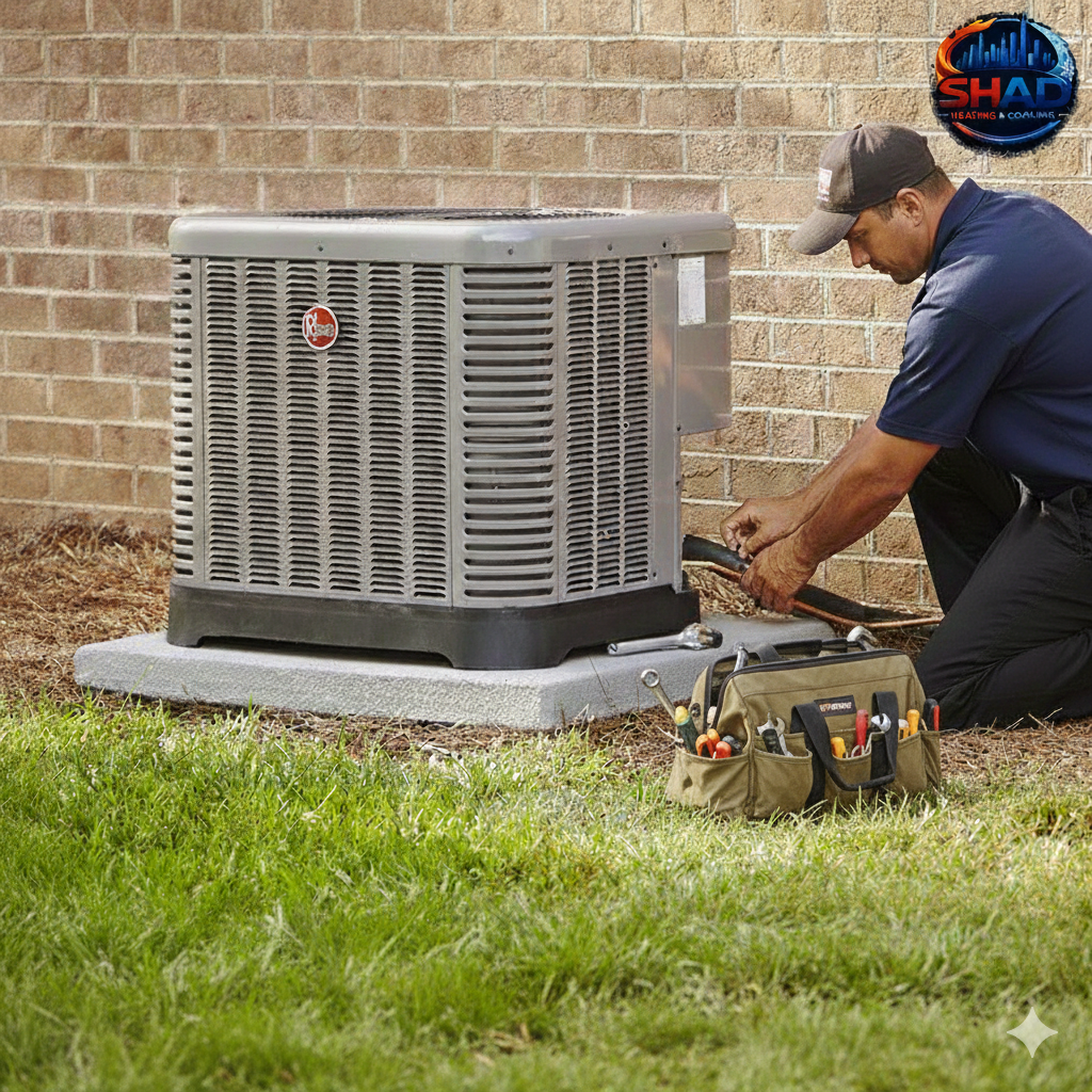 HVAC technician inspecting air conditioner unit in Chicago home