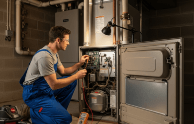 HVAC technician performing annual furnace maintenance in a Chicago home to ensure safety and efficiency