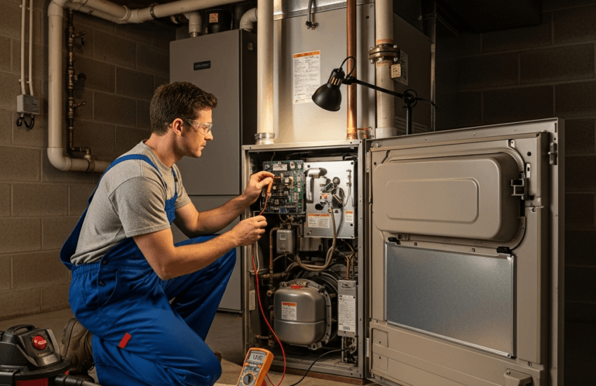 HVAC technician performing annual furnace maintenance in a Chicago home to ensure safety and efficiency